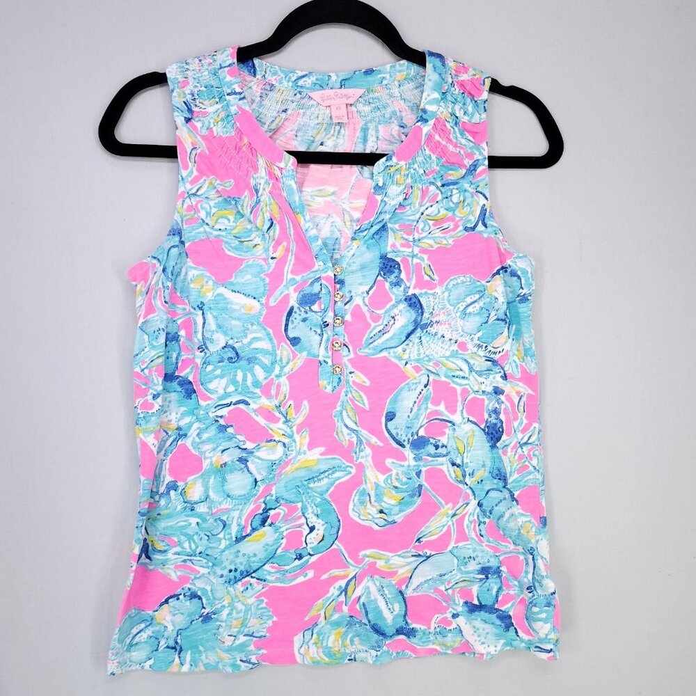Lilly Pulitzer Tank Top Womens XS Essie Lobsters Beach Colorful Summer Blouse